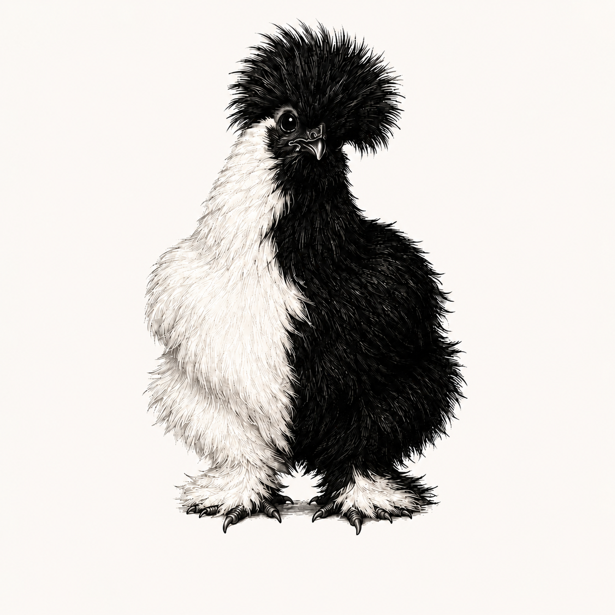 Goblin, a fluffy black and white Silkie chicken drawn in ink